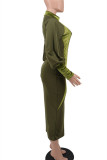 Армейские зеленые модные повседневные однотонные лоскутные платья с воротником-молнией и длинными рукавами