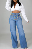 Mittelblaue, modische, lässige, solide Basic-Jeans mit hoher Taille