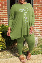 Verde Moda Casual Estampa Básica O Decote Plus Size Duas Peças
