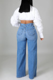 Mittelblaue, modische, lässige, solide Basic-Jeans mit hoher Taille
