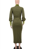 Vestidos de manga larga con cuello con cremallera y parches lisos informales de moda verde militar