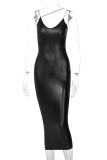 Черное модное сексуальное однотонное длинное платье на бретельках с открытой спиной