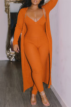 Oranje Mode Casual Solid Vest V-hals Lange Mouw Twee Stukken