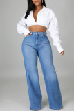 Middelblauwe mode casual effen basic hoge taille regular denim jeans