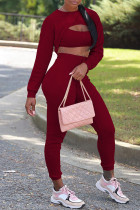 Burgundy Sexy Solid Hollowed Out Split Joint Asymmetrical O Neck Long Sleeve Three Pieces