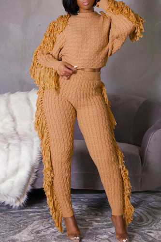 Apricot Casual Street Solid Tassel Patchwork O Neck Long Sleeve Two Pieces