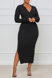 Черные сексуальные однотонные лоскутные уздечки с открытой спиной, разрезом и V-образным вырезом, одношаговые платья-юбки