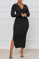 Vestidos de falda de un paso con cuello en V y abertura sin espalda de frenillo liso sexy negro