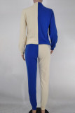 Blue White Casual Solid Patchwork O Neck Long Sleeve Two Pieces