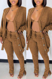 Apricot Fashion Casual Solid Cardigan Vests Pants Long Sleeve Three-piece Set