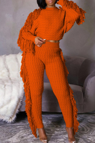 Tangerine Red Casual Street Solid Tassel Patchwork O Neck Long Sleeve Two Pieces
