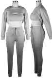 Grey Sexy Solid Hollowed Out Patchwork Asymmetrical O Neck Long Sleeve Three Pieces