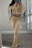 Khaki Casual Solid Split Joint Zipper Collar Long Sleeve Two Pieces
