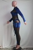Blaue Mode Sexy Patchwork durchsichtige halbe Rollkragenpullover Skinny Jumpsuits