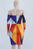 Meerkleurige sexy geometrische print patchwork off-shoulder rokjurken met één stap