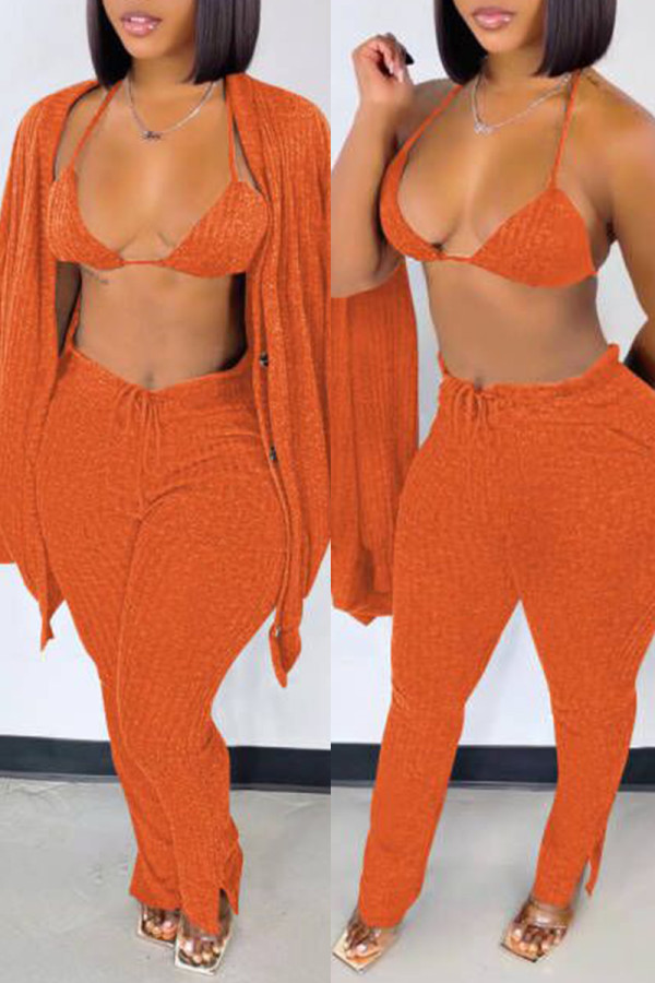 Orange Fashion Casual Solid Cardigan Vests Pants Long Sleeve Three-piece Set