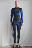 Blue Fashion Sexy Patchwork See-through Half A Turtleneck Skinny Jumpsuits