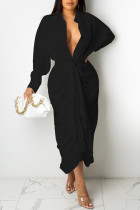 ブラック カジュアル ソリッド パッチワーク バックル フォールド ベルト付き ターンダウン カラー ドレス