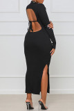 Black Sexy Solid Patchwork Frenulum Backless Slit V Neck One Step Skirt Dresses