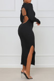 ブラック セクシー ソリッド パッチワーク 小帯 バックレス スリット V ネック ワン ステップ スカート ドレス
