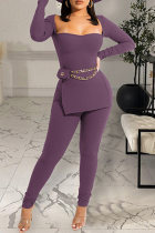 Púrpura moda casual sólido hendidura cuello cuadrado manga larga dos piezas