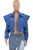 Azul moda casual sólido cardigan turndown colarinho jaqueta jeans de manga comprida