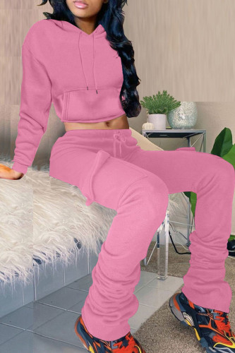 Pink Fashion Casual Solid Fold Hooded Collar Long Sleeve Two Pieces
