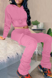 ピンクのファッションカジュアルソリッドフォールドフード付きカラー長袖XNUMXピース