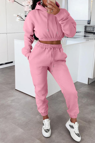Pink Fashion Casual Solid Basic Hooded Collar Long Sleeve Two Pieces