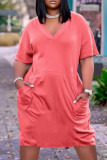 Розовое модное повседневное однотонное базовое платье с v-образным вырезом и короткими рукавами