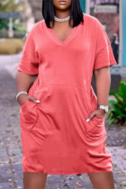 Розово-красное модное повседневное однотонное базовое платье с V-образным вырезом и коротким рукавом