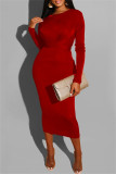 赤いファッションカジュアル包帯Oネック長袖ドレス