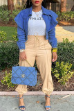 Blauw mode casual effen vest spijkerjack met ronde kraag en lange mouwen