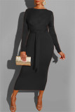 Vestidos de manga larga con cuello redondo y vendaje casual de moda negra
