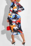 Multi-color Fashion Casual Print Basic Zipper Collar Long Sleeve Dresses