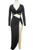 Black Fashion Sexy Solid Hollowed Out Slit V Neck Long Sleeve Dresses