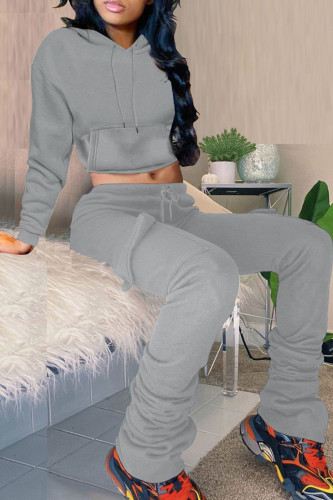 Grey Fashion Casual Solid Fold Hooded Collar Long Sleeve Two Pieces