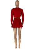Red Fashion Casual Solid Basic U Neck Long Sleeve Two Pieces