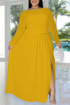 Yellow Fashion Casual Solid Slit O Neck Plus Size Two Pieces