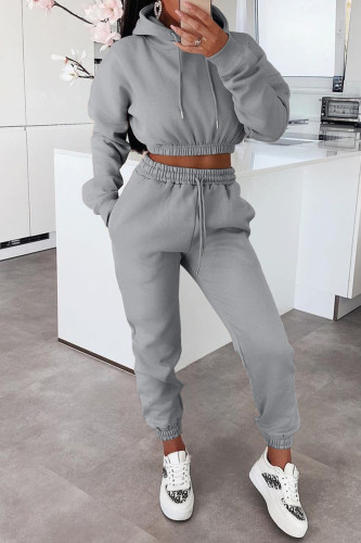 Grey Fashion Casual Solid Basic Hooded Collar Long Sleeve Two Pieces