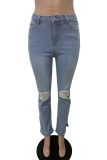 Jeans jeans regular azul claro sólido rasgado com fenda e cintura alta