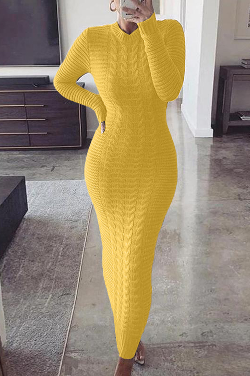 

Yellow Fashion Casual Solid Basic O Neck Long Sleeve Dresses