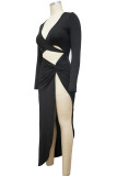 Черные модные сексуальные однотонные платья с вырезом и V-образным вырезом с длинным рукавом