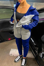 Синий Серый Повседневная спортивная одежда Однотонный Лоскутное шитье Молния Воротник с капюшоном Длинный рукав Две части