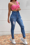 Indigo Fashion Casual Solid Ripped Buckle High Waist Regular Denim Jeans