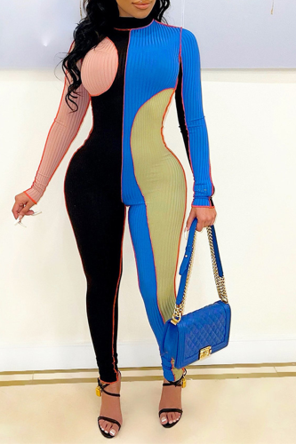 Blue Sexy Color Block Solid Color O Neck Skinny Jumpsuits
