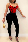 Rose Red Sexig Solid Patchwork Spaghetti Strap Skinny Jumpsuits