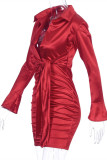 Красные модные повседневные однотонные платья с отложным воротником и длинными рукавами