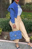 Синий модный повседневный однотонный кардиган с отложным воротником и длинным рукавом джинсовая куртка