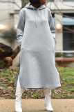 Grey Casual Street Solid Patchwork Zipper Hooded Collar Straight Dresses
